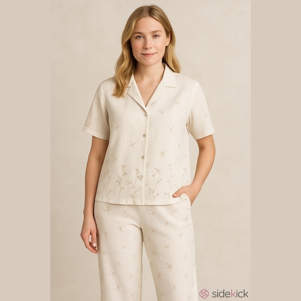 Studio Works Linen Capri Pant and Shirt Set PL Ivory and Taupe EUC